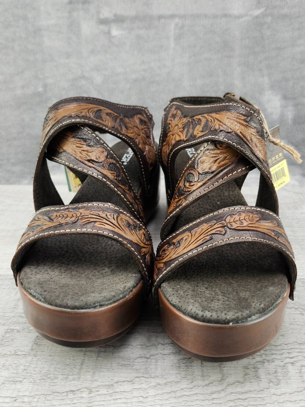 Roper Women Size 11 (EU42.5) Brown Tan Tooled Cross Band Strap Wedge Sandal NWT